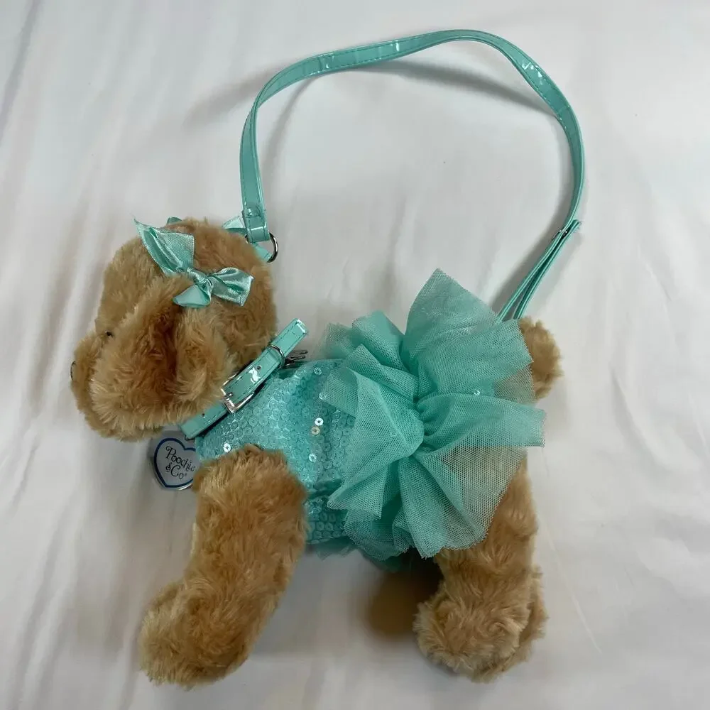 Poochie & Co Plush Dog Purse Sequins Tulle Tutu Aqua Teal Blue Girls Handbag